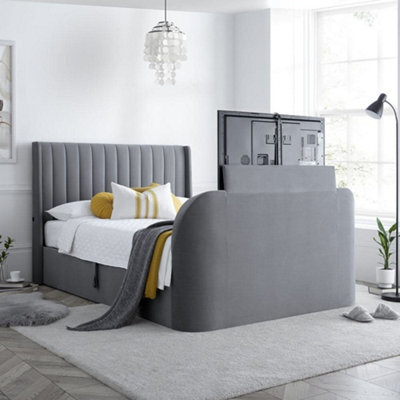 Luther Grey Velvet Winged Ottoman Electric Media Tv Bed Frame - 4Ft6 Double - image 1