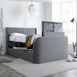 Luther Grey Velvet Winged Ottoman Electric Media Tv Bed Frame - 4Ft6 Double - thumbnail 2