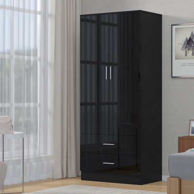 Reflect 2 Door 2 Drawer Combi Plain Wardrobe - Black Gloss & Black Oak - Hanging Rails, Drawers & Shelf - H: 180Cm X W: 76Cm - image 1