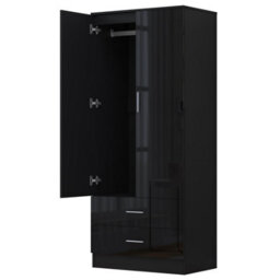 Reflect 2 Door 2 Drawer Combi Plain Wardrobe - Black Gloss & Black Oak - Hanging Rails, Drawers & Shelf - H: 180Cm X W: 76Cm - thumbnail 8