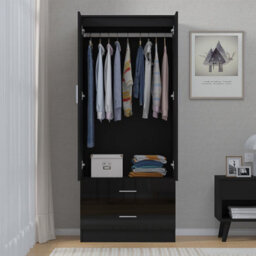 Reflect 2 Door 2 Drawer Combi Plain Wardrobe - Black Gloss & Black Oak - Hanging Rails, Drawers & Shelf - H: 180Cm X W: 76Cm - thumbnail 4