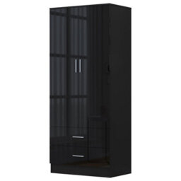Reflect 2 Door 2 Drawer Combi Plain Wardrobe - Black Gloss & Black Oak - Hanging Rails, Drawers & Shelf - H: 180Cm X W: 76Cm - thumbnail 7