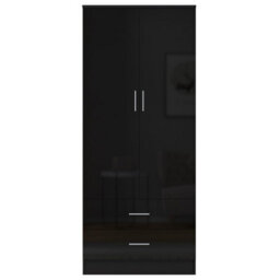 Reflect 2 Door 2 Drawer Combi Plain Wardrobe - Black Gloss & Black Oak - Hanging Rails, Drawers & Shelf - H: 180Cm X W: 76Cm - thumbnail 5