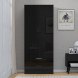Reflect 2 Door 2 Drawer Combi Plain Wardrobe - Black Gloss & Black Oak - Hanging Rails, Drawers & Shelf - H: 180Cm X W: 76Cm - thumbnail 3