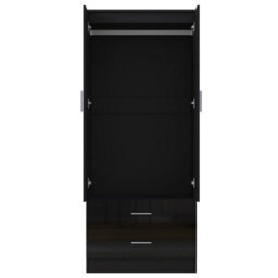 Reflect 2 Door 2 Drawer Combi Plain Wardrobe - Black Gloss & Black Oak - Hanging Rails, Drawers & Shelf - H: 180Cm X W: 76Cm - thumbnail 6