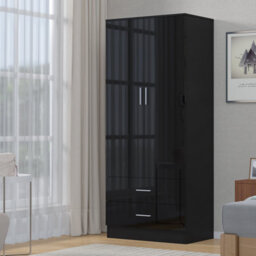 Reflect 2 Door 2 Drawer Combi Plain Wardrobe - Black Gloss & Black Oak - Hanging Rails, Drawers & Shelf - H: 180Cm X W: 76Cm