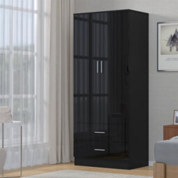 Reflect 2 Door 2 Drawer Combi Plain Wardrobe - Black Gloss & Black Oak - Hanging Rails, Drawers & Shelf - H: 180Cm X W: 76Cm - thumbnail 2