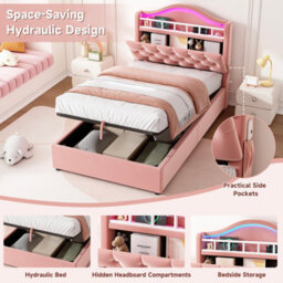 Btm 3Ft Single Velvet Hydraulic Bed With Led, Charging Station And Storage, Diamond Tufted Headboard, Pink - thumbnail 7