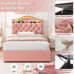 Btm 3Ft Single Velvet Hydraulic Bed With Led, Charging Station And Storage, Diamond Tufted Headboard, Pink - thumbnail 9