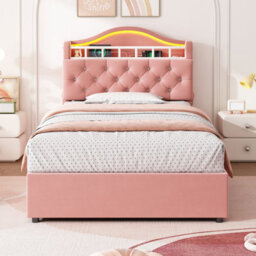 Btm 3Ft Single Velvet Hydraulic Bed With Led, Charging Station And Storage, Diamond Tufted Headboard, Pink - thumbnail 3