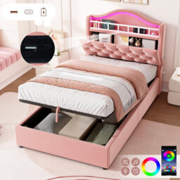 Btm 3Ft Single Velvet Hydraulic Bed With Led, Charging Station And Storage, Diamond Tufted Headboard, Pink - thumbnail 1