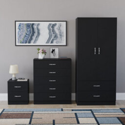 Lassic Vida Designs Riano 3 Piece Bedroom Set (2 Drawer Bedside Chest, 5 Drawer Chest, 2 Door 2 Drawer Wardrobe), Black - thumbnail 7