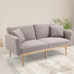 Abrihome Modern 2-Seater Velvet Sofa With 3-Speed Adjustable Backrest, Thick Cushions & Gold Metal Legs, Grey Teddy - thumbnail 1