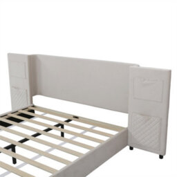 Abrihome Upholstered Double Bed, Headboard With Storage Pockets & 2 Wheeled Drawers, Velvet, Beige - thumbnail 4