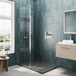 Balterley 8mm Glass Walk In Wetroom Screen And Hinged Return Screen With Chrome Profile And Grey Shower Tray - 1200 X 700mm - thumbnail 2