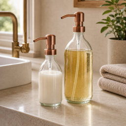 Shopnbits Glass Soap Dispenser Set, Refillable Hand Soap & Lotion Bottles With Copper Style Pumps, 250Ml & 500Ml