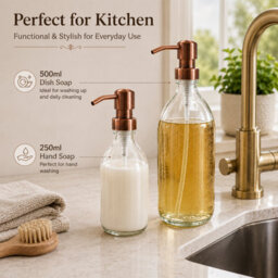Shopnbits Glass Soap Dispenser Set, Refillable Hand Soap & Lotion Bottles With Copper Style Pumps, 250Ml & 500Ml - thumbnail 2
