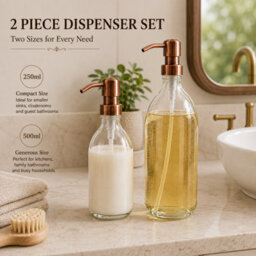 Shopnbits Glass Soap Dispenser Set, Refillable Hand Soap & Lotion Bottles With Copper Style Pumps, 250Ml & 500Ml - thumbnail 5