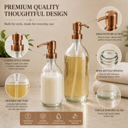 Shopnbits Glass Soap Dispenser Set, Refillable Hand Soap & Lotion Bottles With Copper Style Pumps, 250Ml & 500Ml - thumbnail 3
