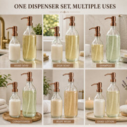 Shopnbits Glass Soap Dispenser Set, Refillable Hand Soap & Lotion Bottles With Copper Style Pumps, 250Ml & 500Ml - thumbnail 4