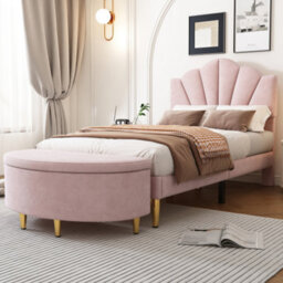 Btm Upholstered Velvet Bench With Storage, Metal Legs, 90X40X42Cm, Pink - thumbnail 2