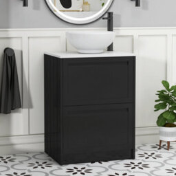 Royal Bathrooms Royal Bathroom Elmore 600mm Matt Nocturne Black Freestanding Bathroom Vanity Unit 2 Drawer Plain White Worktop With Breeze Basin - thumbnail 1