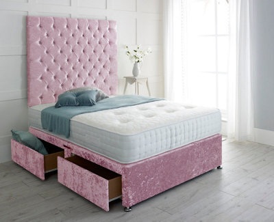 "Adore Designs Chesterfield Crushed Velvet Divan Bed, With Pocket Mattress & 36"" Headboard - 4Ft Small Double - Pink - 4 Drawers"