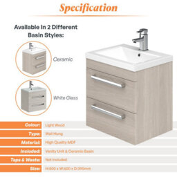 Plum&clay Novela Light Wood Wall Hung Vanity Unit With Ceramic Sink (W)600mm - thumbnail 5
