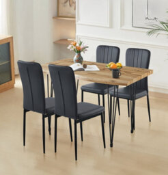 Hallowood Furniture Cullompton Large Dining Table 120Cm, Live Edge Effect Top, With 4 Black Faux Leather High Back Chairs - thumbnail 1
