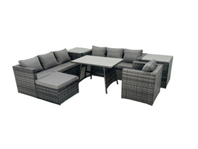 Fimous Rattan Dining Table Sofa Set With 2 Side Table Big Footstool Outdoor Garden Furniture Set Dark Grey Mixed - image 1