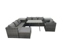 Fimous Rattan Dining Table Sofa Set With 2 Side Table Big Footstool Outdoor Garden Furniture Set Dark Grey Mixed - thumbnail 2