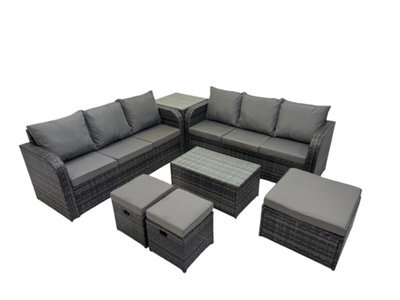 Fimous Outdoor 3 Seater Sofa Coffee Table Set Garden Rattan Furniture Set 9 Seater With 3 Stool Side Table Dark Grey - image 1