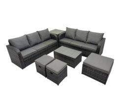 Fimous Outdoor 3 Seater Sofa Coffee Table Set Garden Rattan Furniture Set 9 Seater With 3 Stool Side Table Dark Grey - thumbnail 1