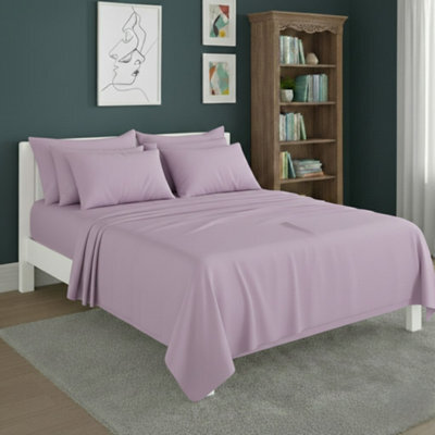Plain Poly Cotton Easy Care Fitted Flat Sheet Matching Pillowcases Set Lilac - image 1