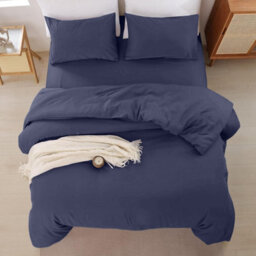Oxford Homeware Navy King Plain Dyed Duvet Cover, Fitted Sheet & Pillowcases Set 4 Piece Bed Sets - thumbnail 6