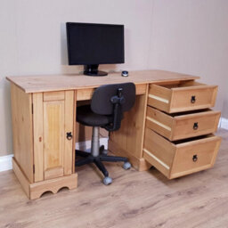 Large Wide Solid Pine Straight Computer Desk Rustic Wooden Office Table - thumbnail 4