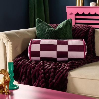 Ohs Checkerboard Matte Velvet Bolster Pillow Soft Cylindrical Cushion - image 1