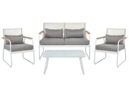Beliani Garden Set White Steel 4-Seater Lounge Set With Grey Cushions And Table - thumbnail 1