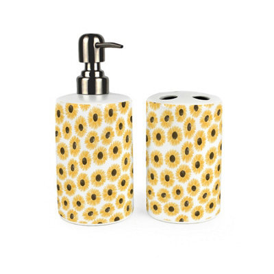 Purely Home Yellow Sunflowers Bathroom Set - Refillable Ceramic Soap Dispenser & Toothbrush Holder - image 1