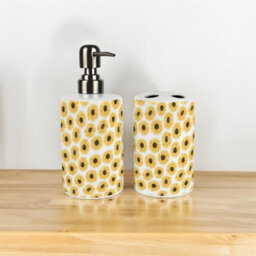 Purely Home Yellow Sunflowers Bathroom Set - Refillable Ceramic Soap Dispenser & Toothbrush Holder - thumbnail 2