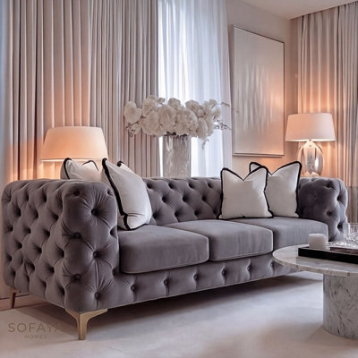 Sofaya Monaco Chesterfield Grey Velvet Sofa Set - 1,2,3 Seater & 3+2 Seater Set Deep Buttoned Cushions Upholstery Couch Settee - image 1