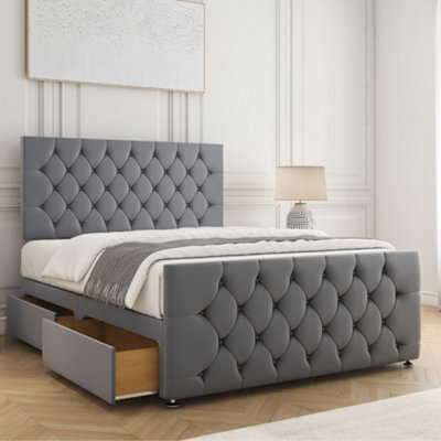 Bsspoke Maya Divan Bed Set In Steel Velvet With 24Inch Headboard & 20Inch Footboard & 4 Drawers & Mattress In All Sizes - image 1