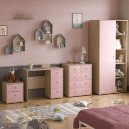 Lassic Junior Vida Neptune Pink & Oak 4 Piece Bedroom Furniture Set - Desk, Bedside Table, Drawer Chest, Wardrobe - thumbnail 1
