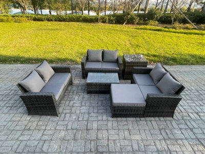 Fimous Dark Grey 7 Seater Outdoor Rattan Garden Furniture Set Patio Love Sofa Rectangular Coffee Table Set With Footstool - image 1