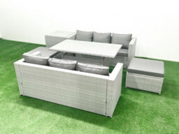Fimous Rattan Garden Furniture Set 8 Seater Outdoor Sofa Set Dining Table Side Table 2 Big Stools Light Grey - thumbnail 1