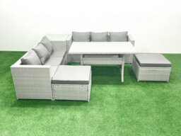 Fimous Rattan Garden Furniture Set 8 Seater Outdoor Sofa Set Dining Table Side Table 2 Big Stools Light Grey - thumbnail 2