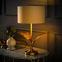 Valuelights Christina Natural With Metallic Gold Drum Shade Gold Palm Leaf Table Lamp - thumbnail 4