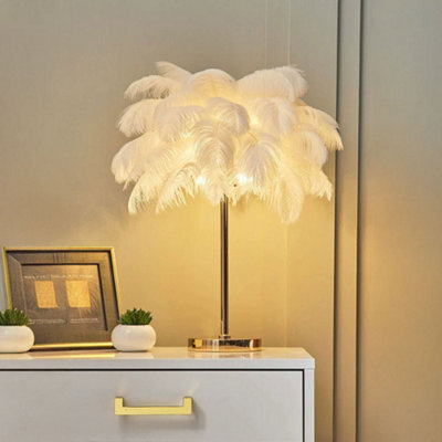 Living And Home G4 Modern White Feather Lampshade Table Lamp Fixtures Decor, Warm Light - image 1