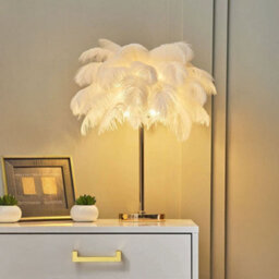 Living And Home G4 Modern White Feather Lampshade Table Lamp Fixtures Decor, Warm Light - thumbnail 1