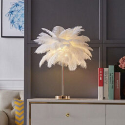 Living And Home G4 Modern White Feather Lampshade Table Lamp Fixtures Decor, Warm Light - thumbnail 2